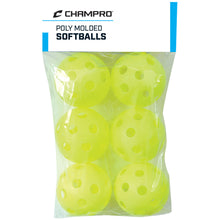 A clear package contains six Champro Sports 12" Poly Molded Training Softballs (model CSB-51C), optic yellow and ideal for training.