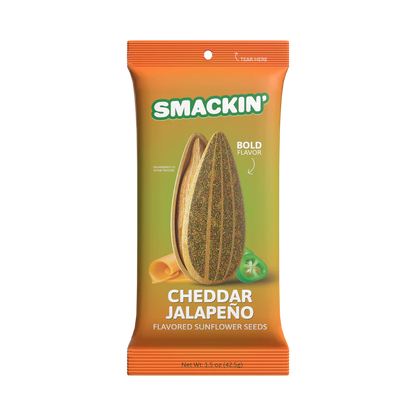 An orange 1.5oz bag of Smackin' Sunflower Seeds features jumbo seeds with cheddar cheese and jalapeño slice graphics, plus bold flavor text.