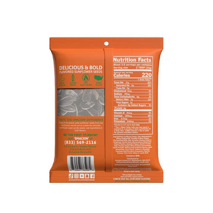 Back of a Smackin' Sunflower Seeds - 4oz bag from Smackin' Sunflower Seeds, showing nutrition facts, ingredients, contact info, and the phrase “Delicious & Bold Flavored Sunflower Seeds,” plus a barcode at the bottom.