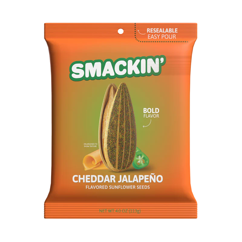 A 4oz orange bag of Smackin' Sunflower Seeds in Cheddar Jalapeño flavor, featuring jumbo seeds and bold graphics of a sunflower seed, cheese, and jalapeño. The resealable packaging keeps your snack fresh.