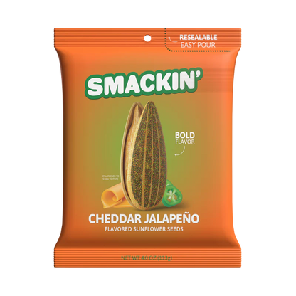 A 4oz orange bag of Smackin' Sunflower Seeds in Cheddar Jalapeño flavor, featuring jumbo seeds and bold graphics of a sunflower seed, cheese, and jalapeño. The resealable packaging keeps your snack fresh.