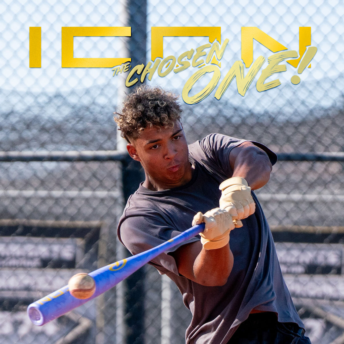 A young man swings a 2027 Rawlings Icon The Chosen One (-3) BBCOR Baseball Bat (RBB7IONE3) at a pitched ball on a sunny baseball field. Bold yellow text reads ICON THE CHOSEN ONE! across the top of the image.