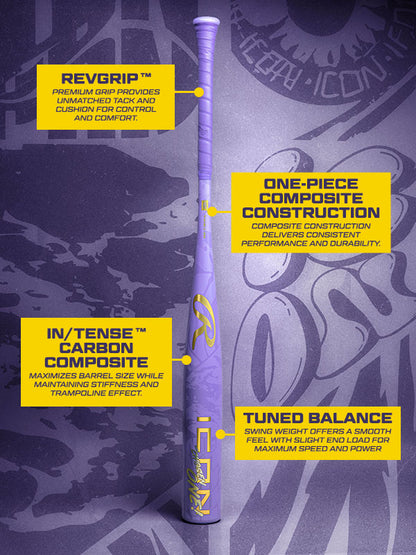 A purple Rawlings bat, the 2027 Rawlings Icon The Chosen One (-3) BBCOR Baseball Bat (RBB7IONE3), features advanced design elements highlighted in yellow boxes: REVGRIP, one-piece composite construction, IN/TENSE carbon composite, and tuned balance. Each of these showcases the innovative performance benefits of this single-piece composite BBCOR baseball bat.