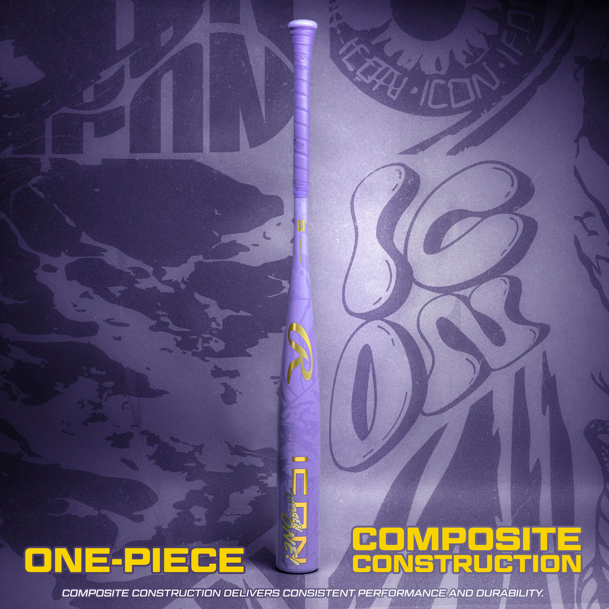 A purple Rawlings 2027 Icon The Chosen One (-3) BBCOR Baseball Bat: RBB7IONE3 stands upright against a vibrant purple backdrop with abstract designs. Bold yellow text at the bottom reads ONE-PIECE COMPOSITE CONSTRUCTION, while smaller text emphasizes the bat’s exceptional performance and durability.