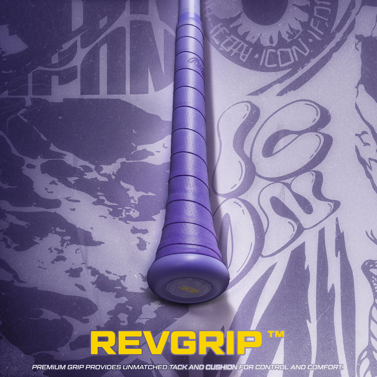 A purple baseball or softball bat grip is displayed vertically against a graphic backdrop. Bold yellow text reads REVGRIP™, accompanied by a tagline highlighting premium grip, superior control, and exceptional comfort at the bottom. The ideal addition to your BBCOR baseball bat, such as the Rawlings 2027 Icon The Chosen One (-3) BBCOR Baseball Bat: RBB7IONE3 from Rawlings, or any one-piece composite baseball bat.