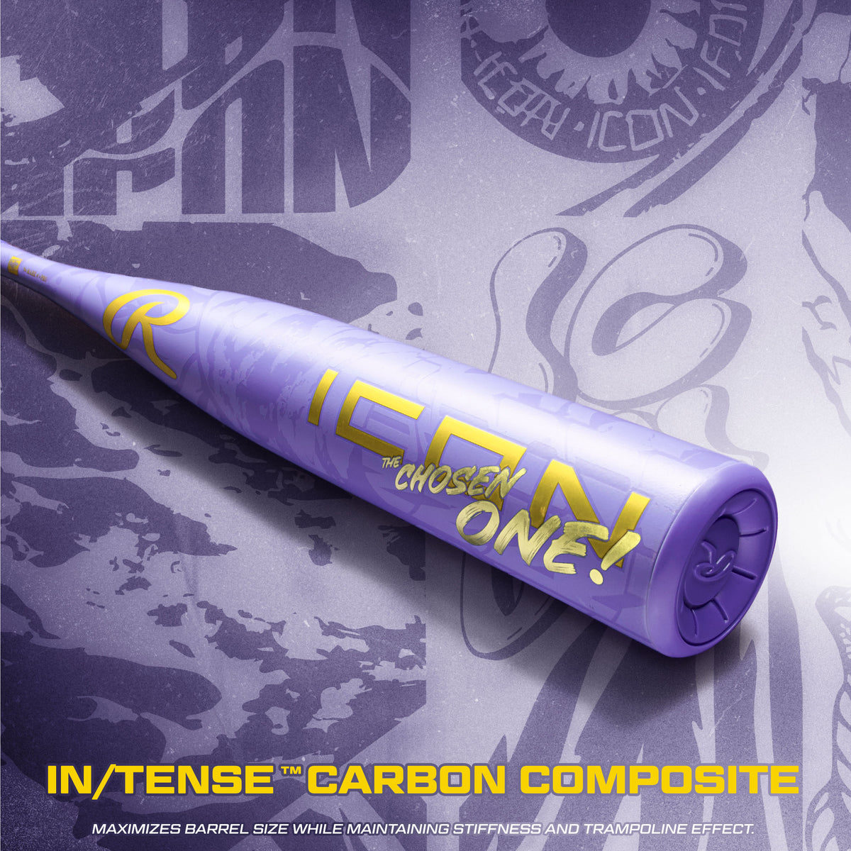A purple one-piece composite baseball bat, featuring the yellow text ICON THE CHOSEN ONE!, is displayed diagonally on a stylized purple background. Below, IN/TENSE CARBON COMPOSITE is highlighted, emphasizing the advanced design of the 2027 Rawlings Icon The Chosen One (-3) BBCOR Baseball Bat: RBB7IONE3 by Rawlings.