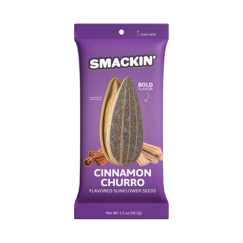 A 1.5oz Smackin' Sunflower Seeds package in purple, featuring jumbo cinnamon churro seeds and bold flavor text on the front. Enjoy bold cinnamon flavor in every bite from Smackin' Sunflower Seeds. Net wt 1.5 oz (42.5g).