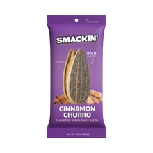 A 1.5oz Smackin' Sunflower Seeds package in purple, featuring jumbo cinnamon churro seeds and bold flavor text on the front. Enjoy bold cinnamon flavor in every bite from Smackin' Sunflower Seeds. Net wt 1.5 oz (42.5g).