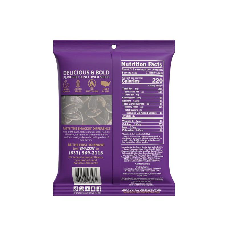 Back of a 4oz Smackin' Sunflower Seeds bag (purple) by Smackin' Sunflower Seeds, showing nutrition facts, ingredients, customer feedback phone number, nutritional values, and a graphic highlighting the bold taste of these jumbo seeds.