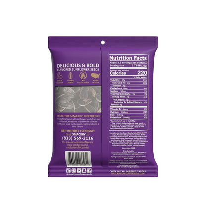 Back of a 4oz Smackin' Sunflower Seeds bag (purple) by Smackin' Sunflower Seeds, showing nutrition facts, ingredients, customer feedback phone number, nutritional values, and a graphic highlighting the bold taste of these jumbo seeds.