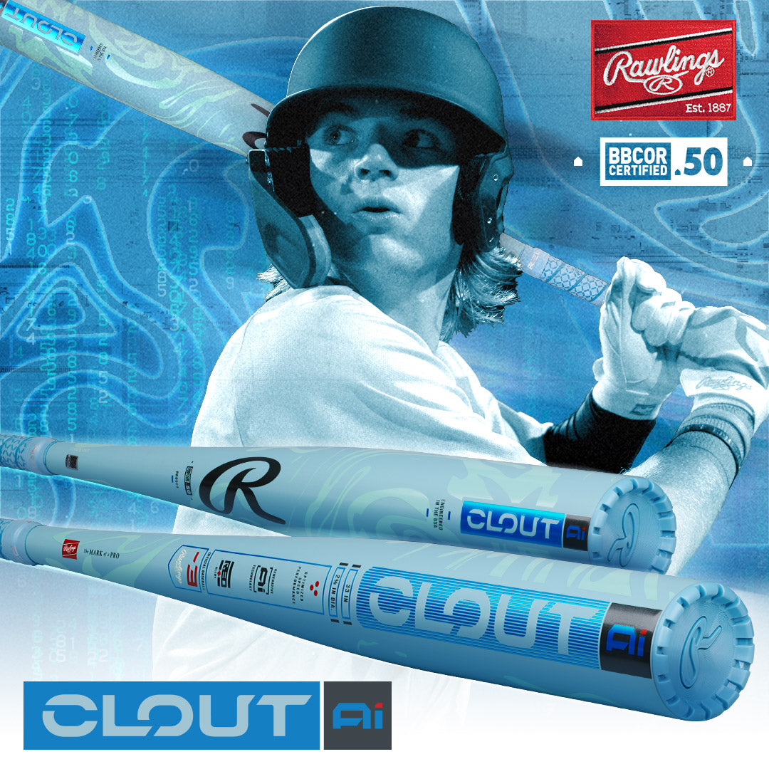 A baseball player in blue tones poses with the 2025 Rawlings Clout AI (-3) BBCOR Baseball Bat (RBB5C3, USED), featuring the Rawlings logo and visible BBCOR .50 certification details.