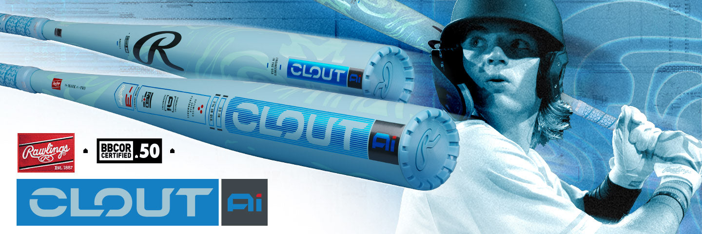 A promotional image features a Rawlings Clout Ai baseball bat and a batter preparing to swing. The bat is showcased prominently with branding and certification logos. Blue tones dominate the background design.