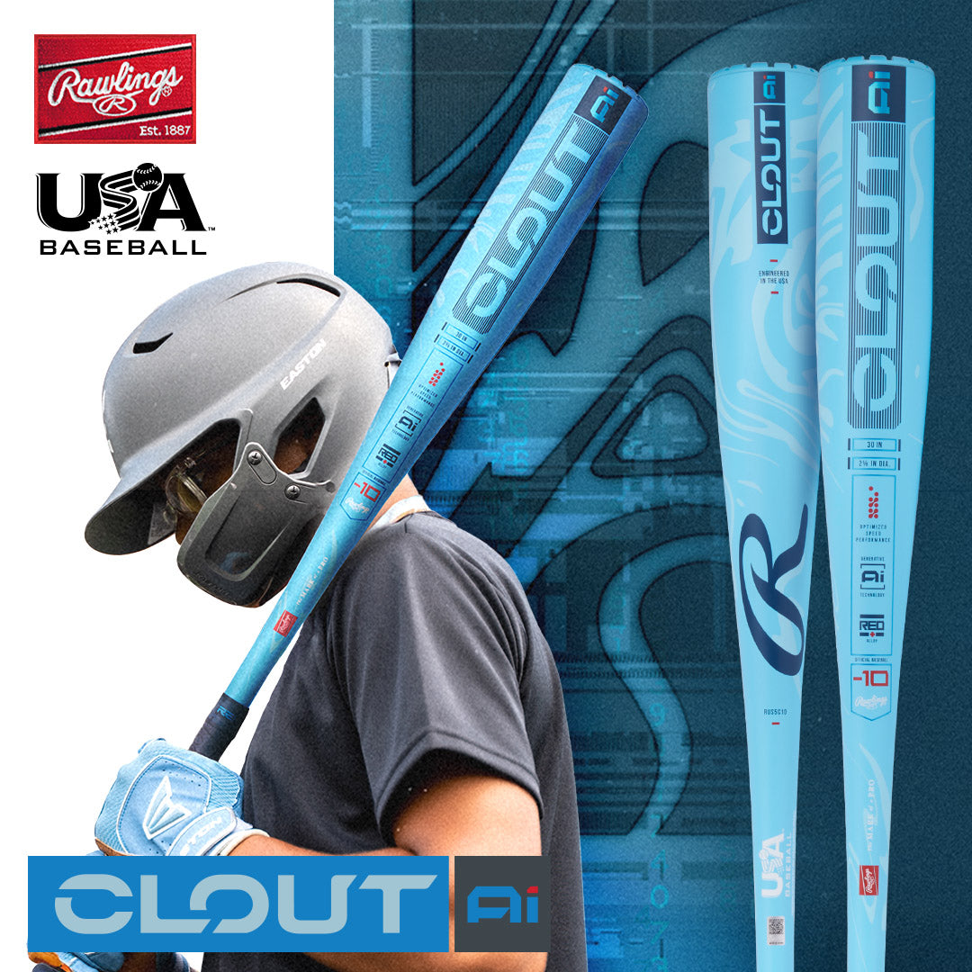 A baseball player holds a 2025 Rawlings Clout Ai (-10) USA Baseball Bat. Two close-ups highlight its Ai-designed barrel, with Rawlings and USA Baseball logos in the background.