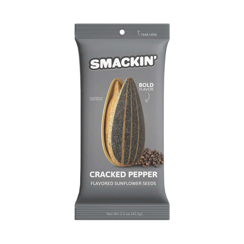 A gray 1.5oz bag of Smackin' Sunflower Seeds features a large seed image, peppercorns, and bold white text, highlighting Bold Flavors and the jumbo seeds inside.