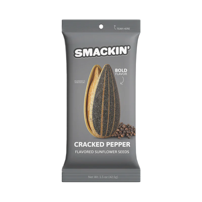 A gray 1.5oz bag of Smackin' Sunflower Seeds features a large seed image, peppercorns, and bold white text, highlighting Bold Flavors and the jumbo seeds inside.