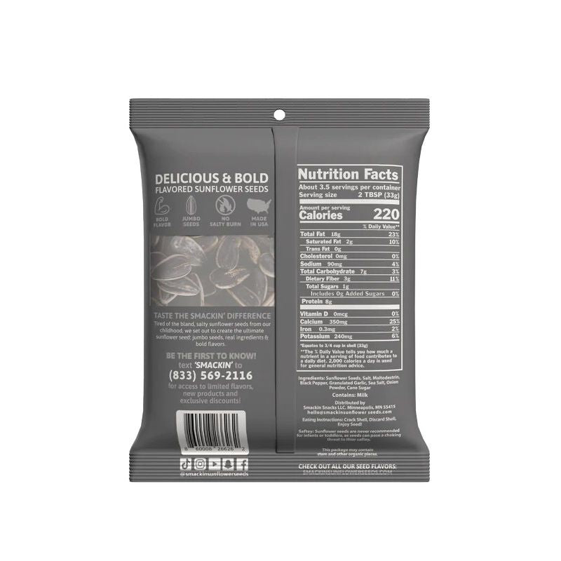 Back of a black 4oz Smackin' Sunflower Seeds bag displays nutrition facts, serving size, contact number, QR code, product description, and sunflower seed illustrations.