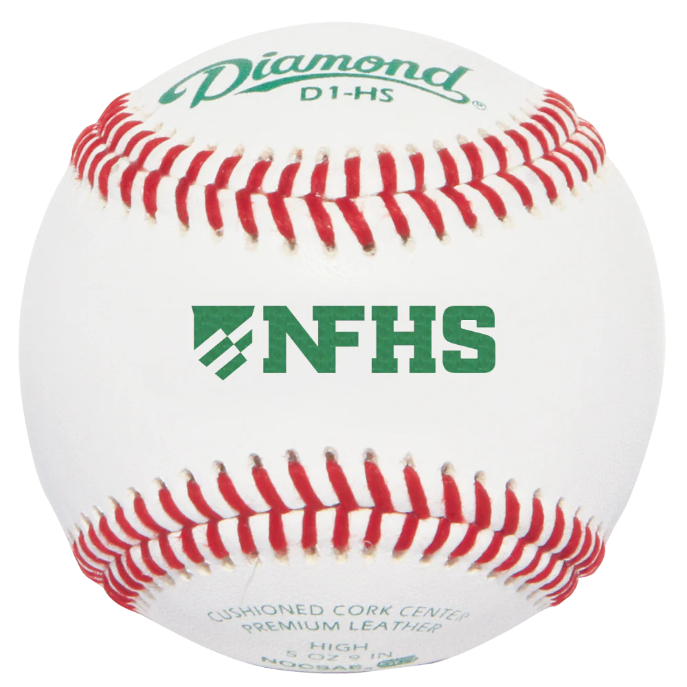 A close-up of the Diamond D1 NFHS NOCSAE Baseballs: D1-HS shows its white surface with red stitching and green Diamond logos, including NFHS approval and other product details printed on it.