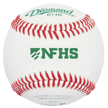 A close-up of the Diamond D1 NFHS NOCSAE Baseballs: D1-HS shows its white surface with red stitching and green Diamond logos, including NFHS approval and other product details printed on it.