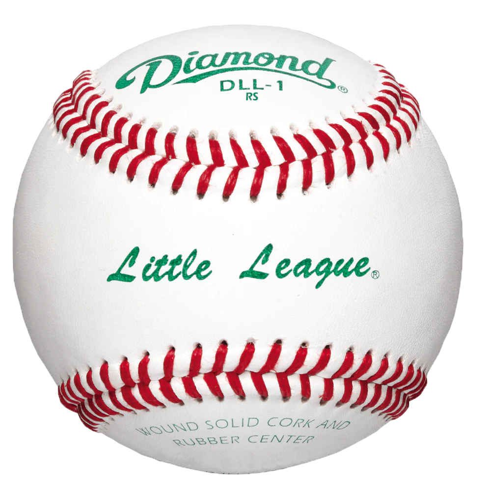 The Diamond DLL-1 Little League Baseball features a white full-grain leather cover, red stitching, and green text reading "Diamond DLL-1 RS" and "Little League," plus details about its cork and rubber center.
