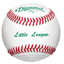 The Diamond DLL-1 Little League Baseball features a white full-grain leather cover, red stitching, and green text reading "Diamond DLL-1 RS" and "Little League," plus details about its cork and rubber center.