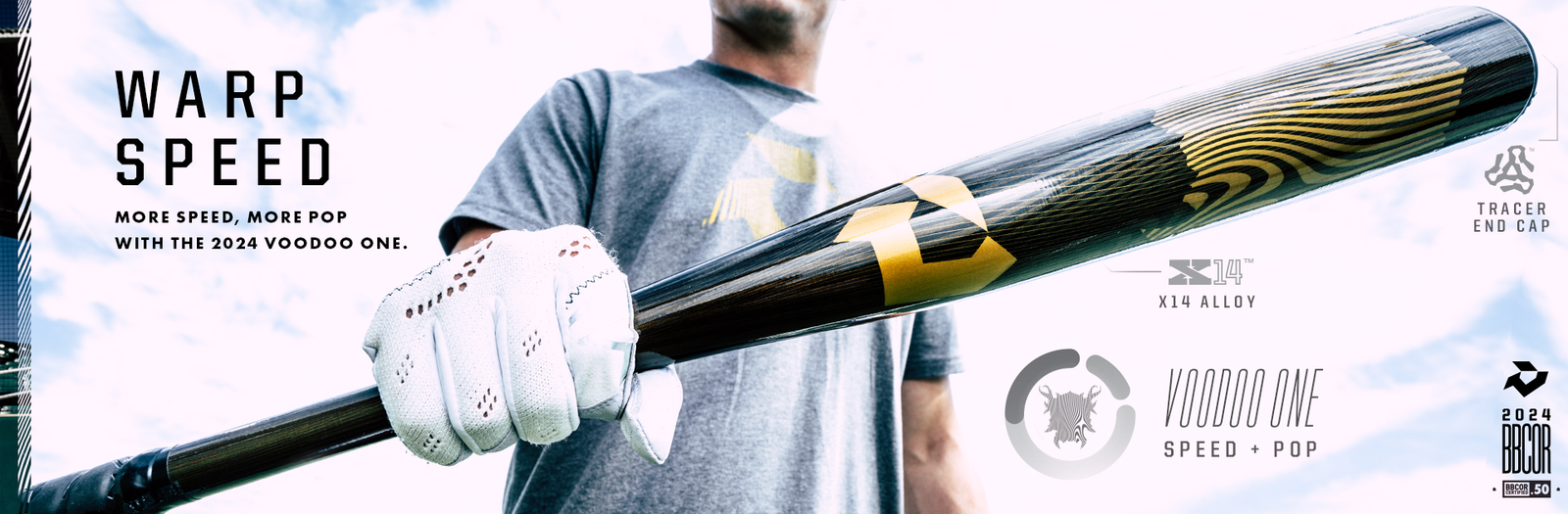 A person wearing white batting gloves holds a black and yellow baseball bat, with bold text reading Warp Speed and 2024 Voodoo One alongside product details and logos on a light blue background.