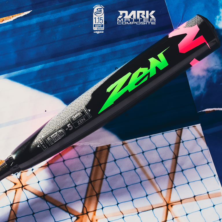 A close-up of the 2025 DeMarini ZEN Limited Edition (-10) 2 3/4" USSSA Baseball Bat (WBD2541010) shows neon green and pink ZEN lettering on a black barrel, lying on a blue and white geometric surface with DARK MATTER COMPOSITE in the top right.