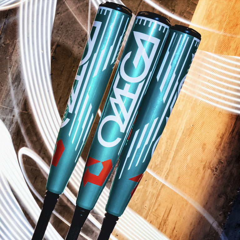 Three teal baseball bats with white geometric designs and red accents are standing upright against a textured, two-tone background with swirling white light trails.