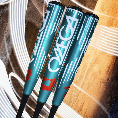 Three teal 2026 DeMarini Omega (-3) BBCOR Baseball Bats (WBD2586010), with bold white graphics and X14 Alloy Barrels, stand upright against a wooden background as streaks of white light swirl around them.