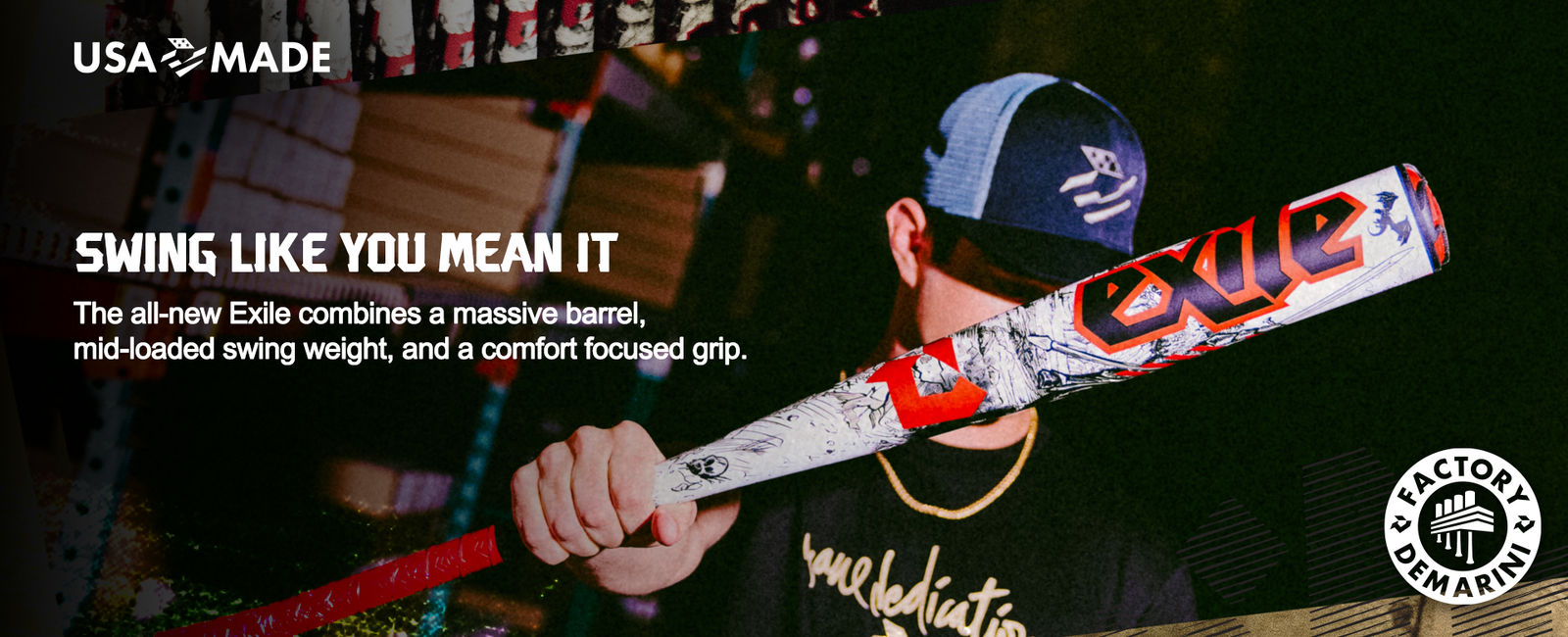 A baseball player wearing a cap holds a DeMarini Exile bat over their shoulder. Text reads: Swing like you mean it. The all-new Exile combines a massive barrel, mid-loaded swing weight, and a comfort focused grip. USA Made and Factory DeMarini logos appear.