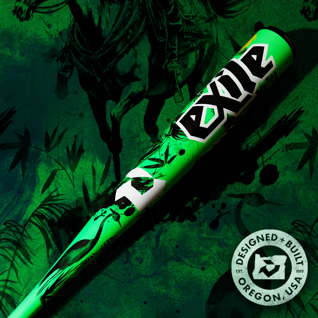 A vibrant green 2026 DeMarini Exile Samurai (-3) BBCOR Baseball Bat (WBD2652010) with an X14 Alloy Barrel lies on a dark green background, silhouettes of a horse and rider nearby. A badge in the corner reads Designed + Built Oregon USA.