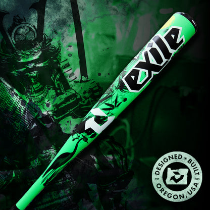 The 2026 DeMarini Exile Samurai (-3) BBCOR Baseball Bat (WBD2652010) features bold Exile graphics and a dark samurai design on neon green, perfect for elite high school and college players with its X14 Alloy Barrel.