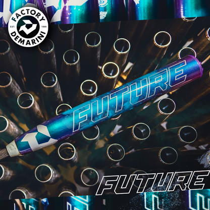 A metallic blue and purple 2026 DeMarini Future (-10) Fastpitch Softball Bat (WBD2674010) rests across aluminum barrels. The Factory DeMarini logo is at the top left, with "FUTURE" boldly displayed at the bottom.