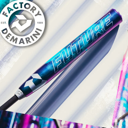 A metallic blue and purple 2026 DeMarini Future (-10) Fastpitch Softball Bat (WBD2674010) lies on a white surface, featuring "FUTURE" text and DeMarini’s circular logo with FACTORY in the top left, emphasizing its large sweet spot.