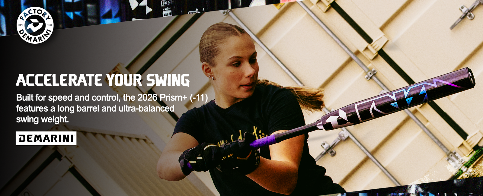 A young woman swings a purple and black DeMarini bat, with the text: Accelerate your swing. Built for speed and control, the 2026 Prism+ (-11) features a long barrel and ultra-balanced swing weight. DeMarini logo is shown.