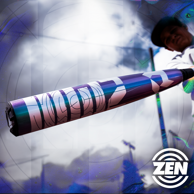 A player in a white uniform holds the 2026 DeMarini ZEN Oil Slick (-10) 2 3/4" USSSA Baseball Bat (WBD2655010) with colorful abstract designs; "ZEN" and a circular logo appear in the corner under cloudy skies.