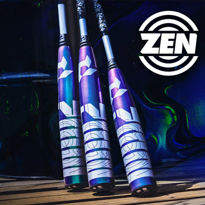 Three 2026 DeMarini ZEN Oil Slick (-10) USSSA Baseball Bats stand upright, showing the white “ZEN” logo on a black and green background. Crafted with a Dark Matter Composite barrel, these top bats are two-piece composites by DeMarini.