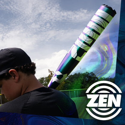 A baseball player in a black cap rests a DeMarini 2026 ZEN Oil Slick (-10) 2 3/4" USSSA Baseball Bat with an iridescent finish on his shoulder under a blue sky. "ZEN" with a circular design appears at the bottom right corner.