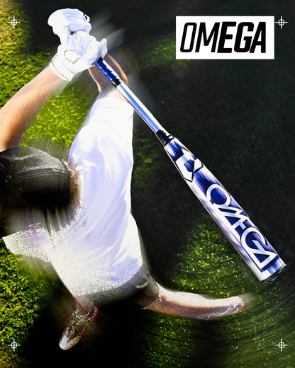 A baseball player in white swings a blue and silver 2027 DeMarini Omega (-3) BBCOR Baseball Bat (WBD2702010) with an X14 Alloy Barrel on grass—designed for contact hitters, the OMEGA logo is at the top right.