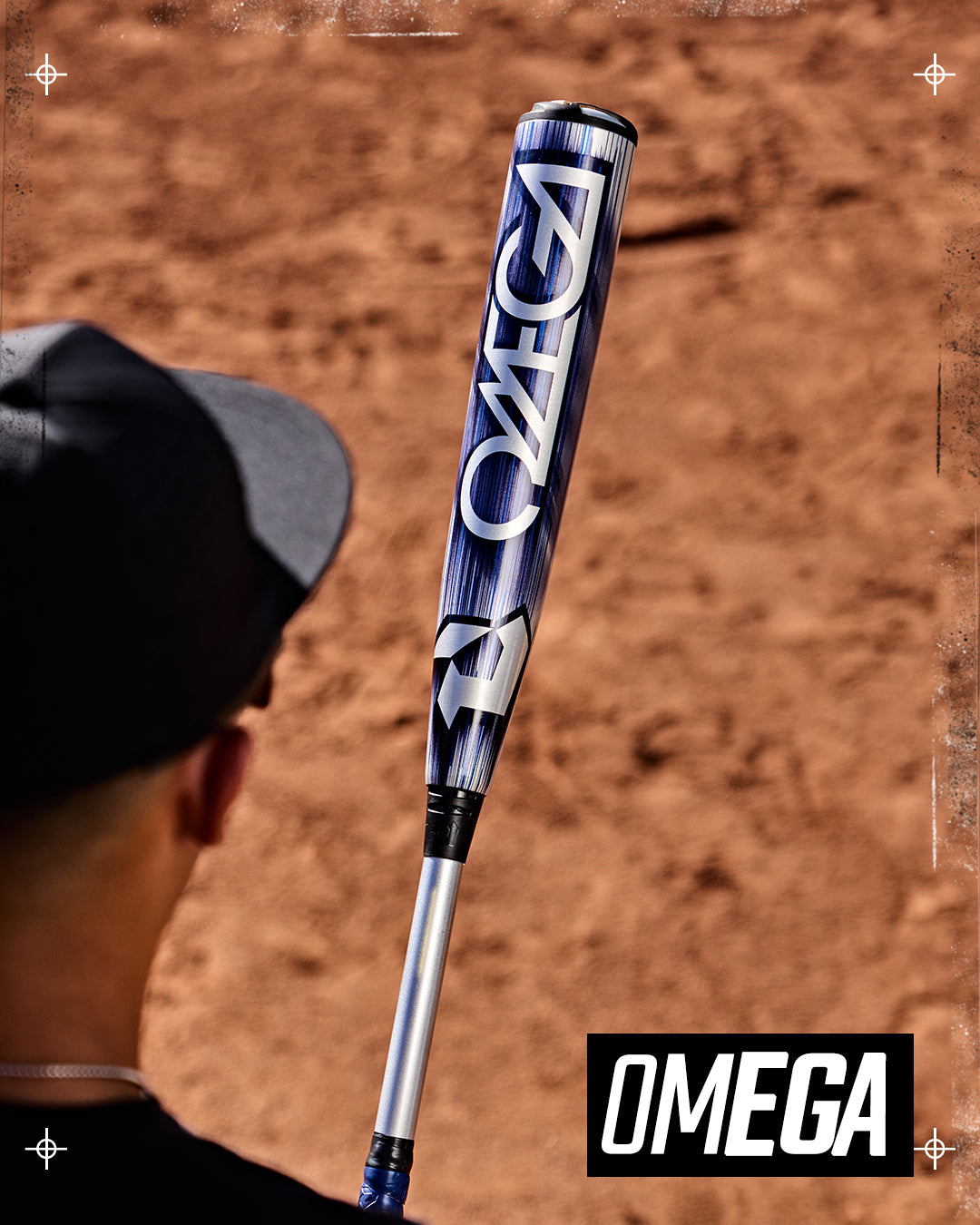 A person in a cap stands on a baseball field, holding a blue and silver DeMarini 2027 Omega (-3) BBCOR Baseball Bat (WBD2702010), perfect for contact hitters. The bold DeMarini logo appears at the bottom right corner of the image.