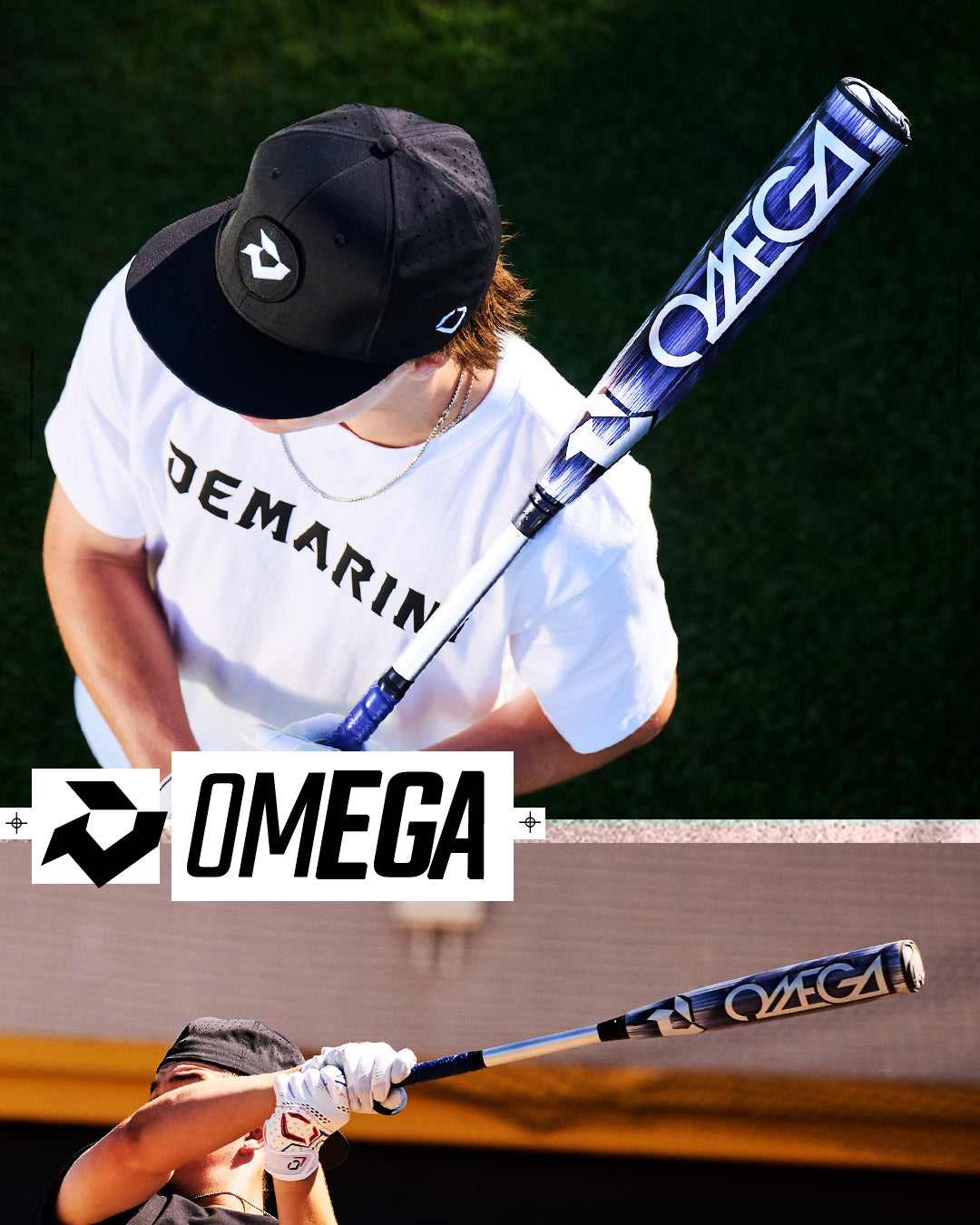 A person in a black cap and white DeMarini shirt holds the 2027 DeMarini Omega (-3) BBCOR Baseball Bat (WBD2702010), displaying its OMEGA logo and X14 Alloy Barrel from two angles—perfect for contact hitters.