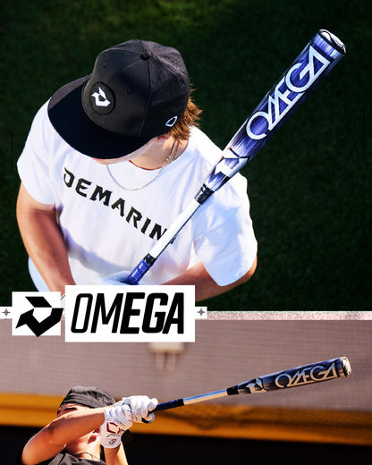 A person in a black cap and white DeMarini shirt holds the 2027 DeMarini Omega (-3) BBCOR Baseball Bat (WBD2702010), displaying its OMEGA logo and X14 Alloy Barrel from two angles—perfect for contact hitters.