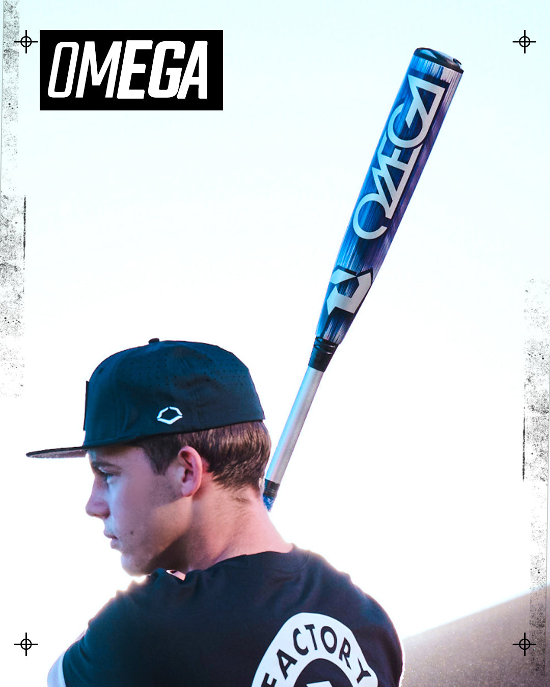 A young player in a black cap and shirt holds the DeMarini 2027 Omega (-3) BBCOR Baseball Bat (WBD2702010) with an X14 Alloy Barrel over their shoulder against a bright sky—ideal for contact hitters.