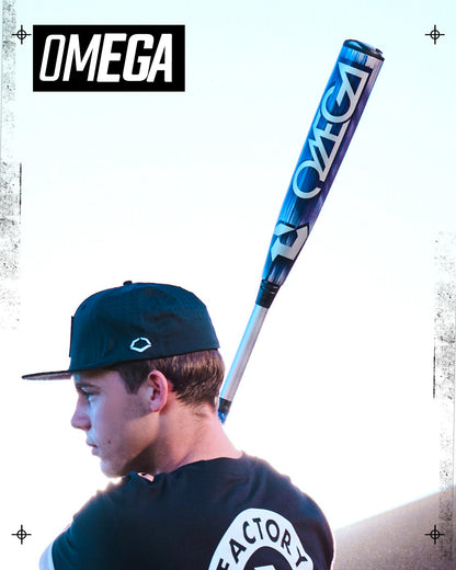 A young player in a black cap and shirt holds the DeMarini 2027 Omega (-3) BBCOR Baseball Bat (WBD2702010) with an X14 Alloy Barrel over their shoulder against a bright sky—ideal for contact hitters.