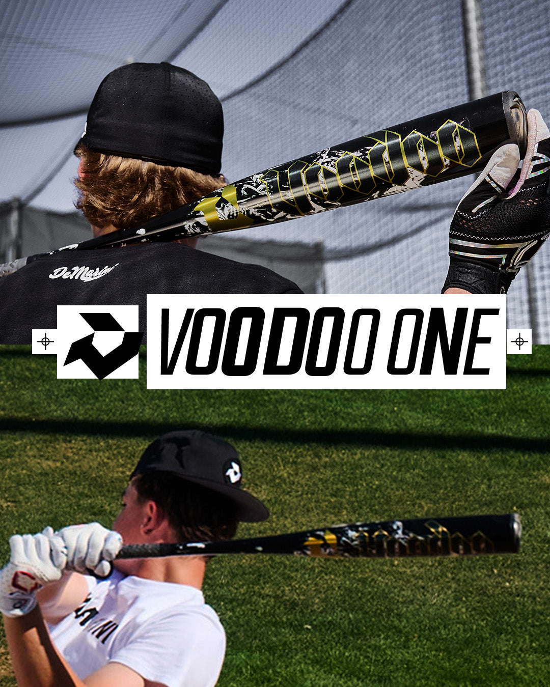 Two players swing black and yellow DeMarini 2027 Voodoo One (-3) BBCOR bats (model WBD2705010), highlighting the VOODOO ONE logo center-barrel and their advanced X14 Alloy Barrel for elite performance.