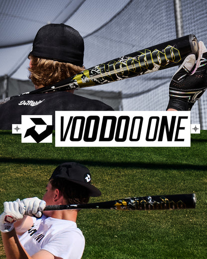 Two players swing black and yellow DeMarini 2027 Voodoo One (-3) BBCOR bats (model WBD2705010), highlighting the VOODOO ONE logo center-barrel and their advanced X14 Alloy Barrel for elite performance.