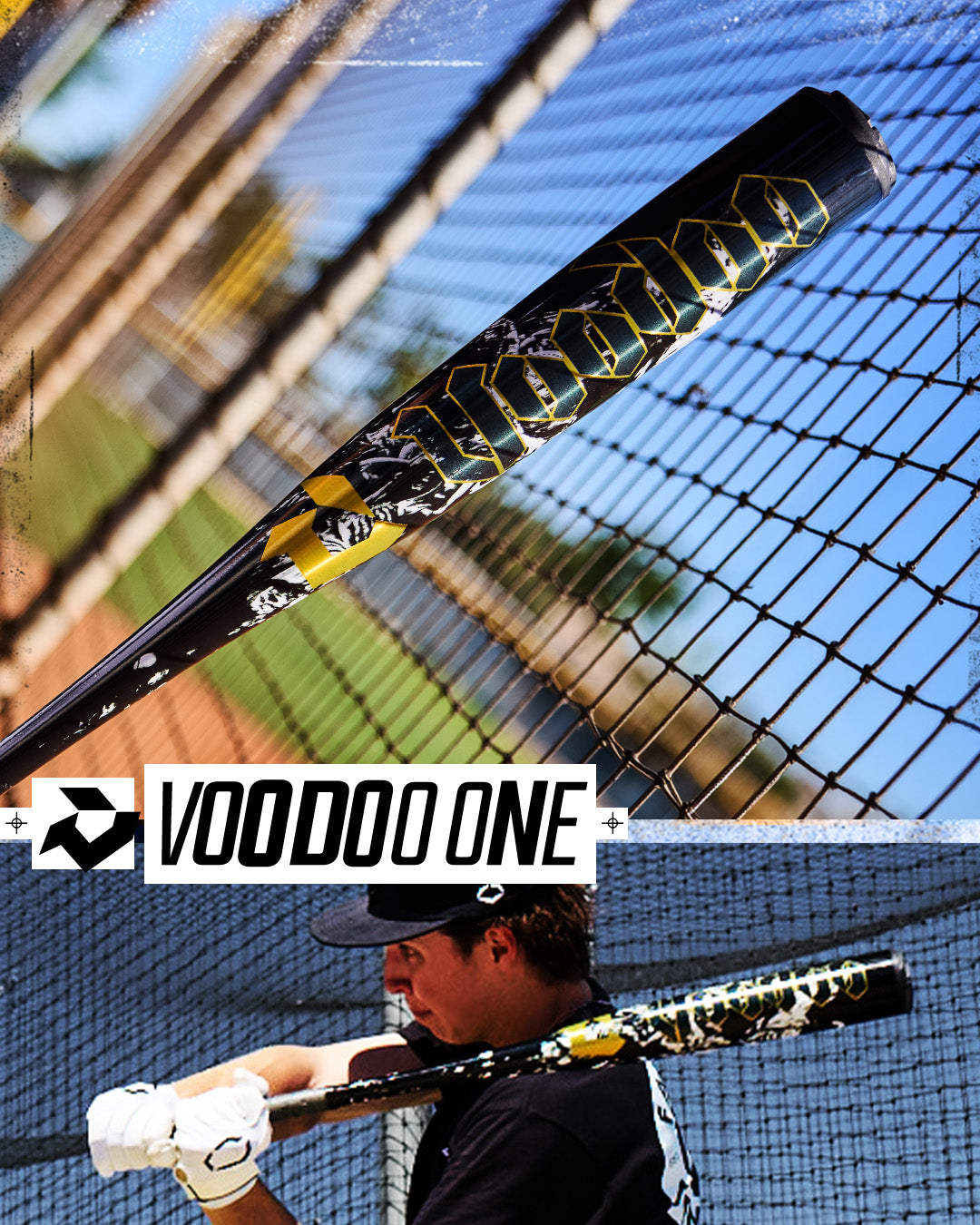 A close-up of the black and yellow 2027 DeMarini Voodoo One (-3) BBCOR Baseball Bat (WBD2705010), featuring an X14 Alloy Barrel, is held by a player near a chain-link fence, with the VOODOO ONE logo visible and a batter preparing to hit.
