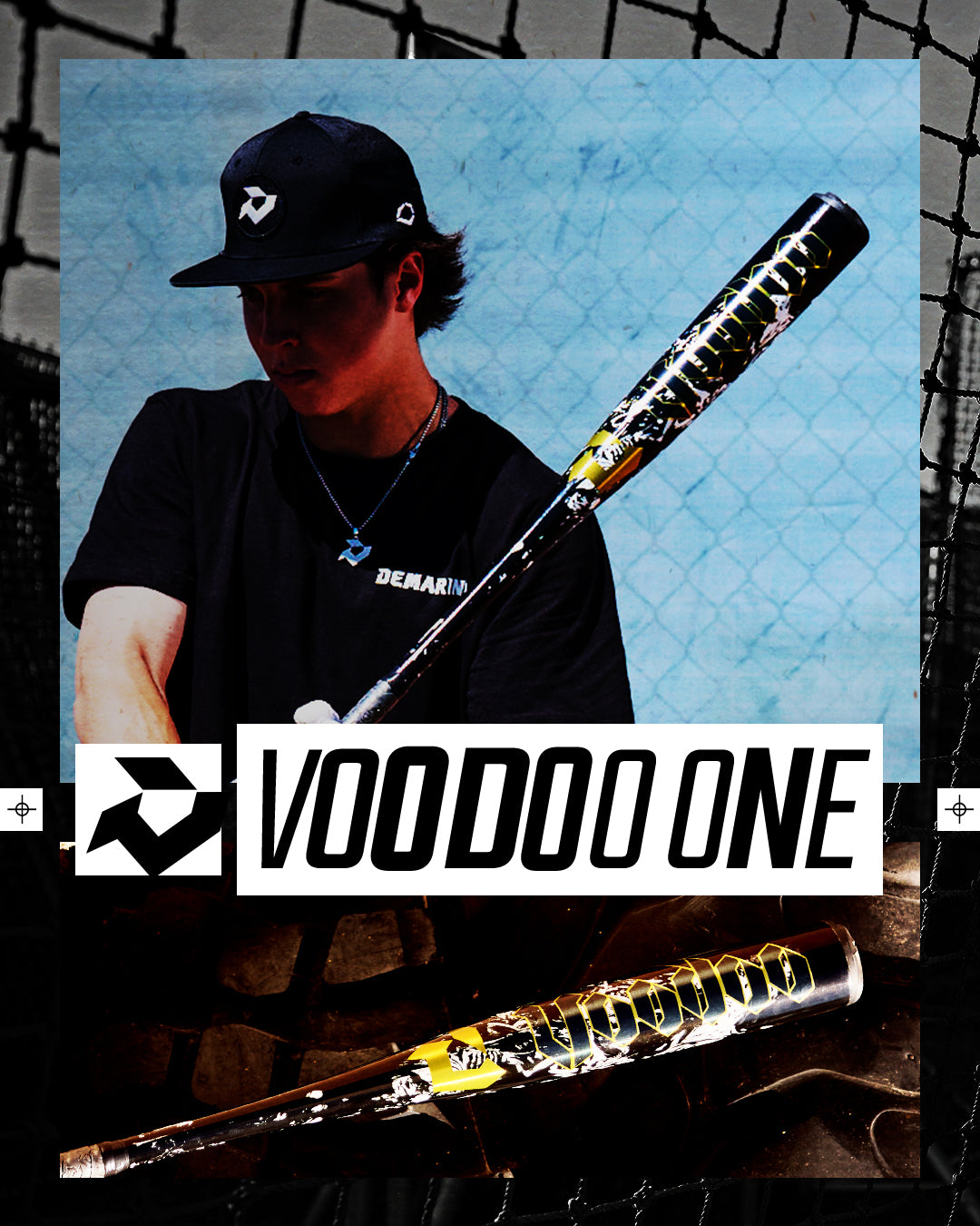 A person in a black hat and shirt holds the 2027 DeMarini Voodoo One (-3) BBCOR Baseball Bat (WBD2705010) by a chain-link fence, with a close-up of its X14 Alloy Barrel and "VOODOO ONE" text displayed across the center.