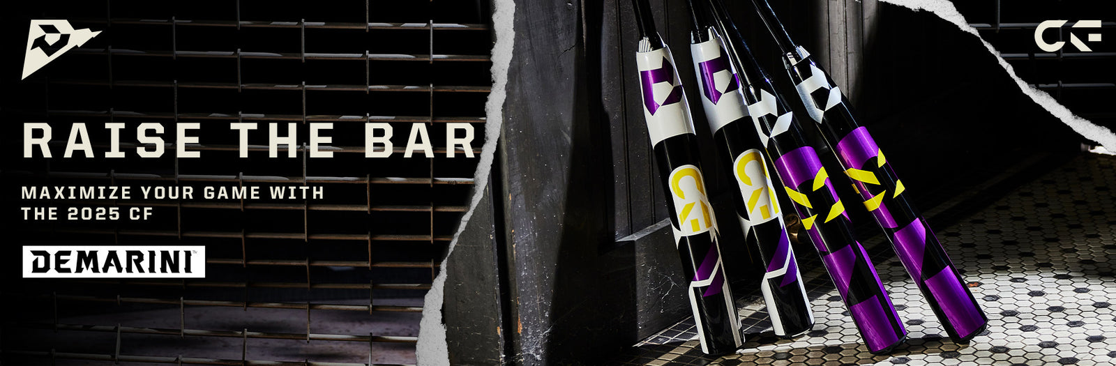 Four DeMarini CF baseball bats with black, white, purple, and yellow designs are propped against a tiled floor. Text on the image reads RAISE THE BAR—Maximize your game with the 2025 CF. DeMarini.