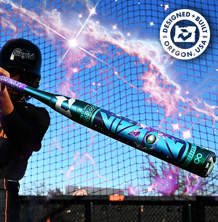 A softball player grips the colorful 2027 DeMarini Vizion (-8) Fastpitch Softball Bat (WBD2730010), featuring a Dark Matter Composite Gapped Wall Barrel, with a Designed + Built in Oregon, USA badge visible in the corner.