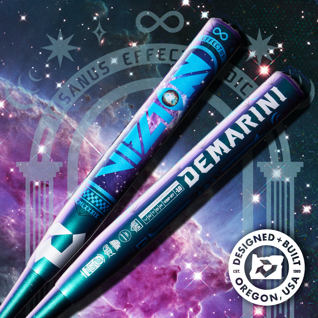 Two DeMarini Vizion (-8) Fastpitch Softball Bats (WBD2730010) cross over a cosmic background, with a "Designed + Built in Oregon, USA" badge. The image highlights the bats’ colorful composite design and futuristic space-themed vibe.